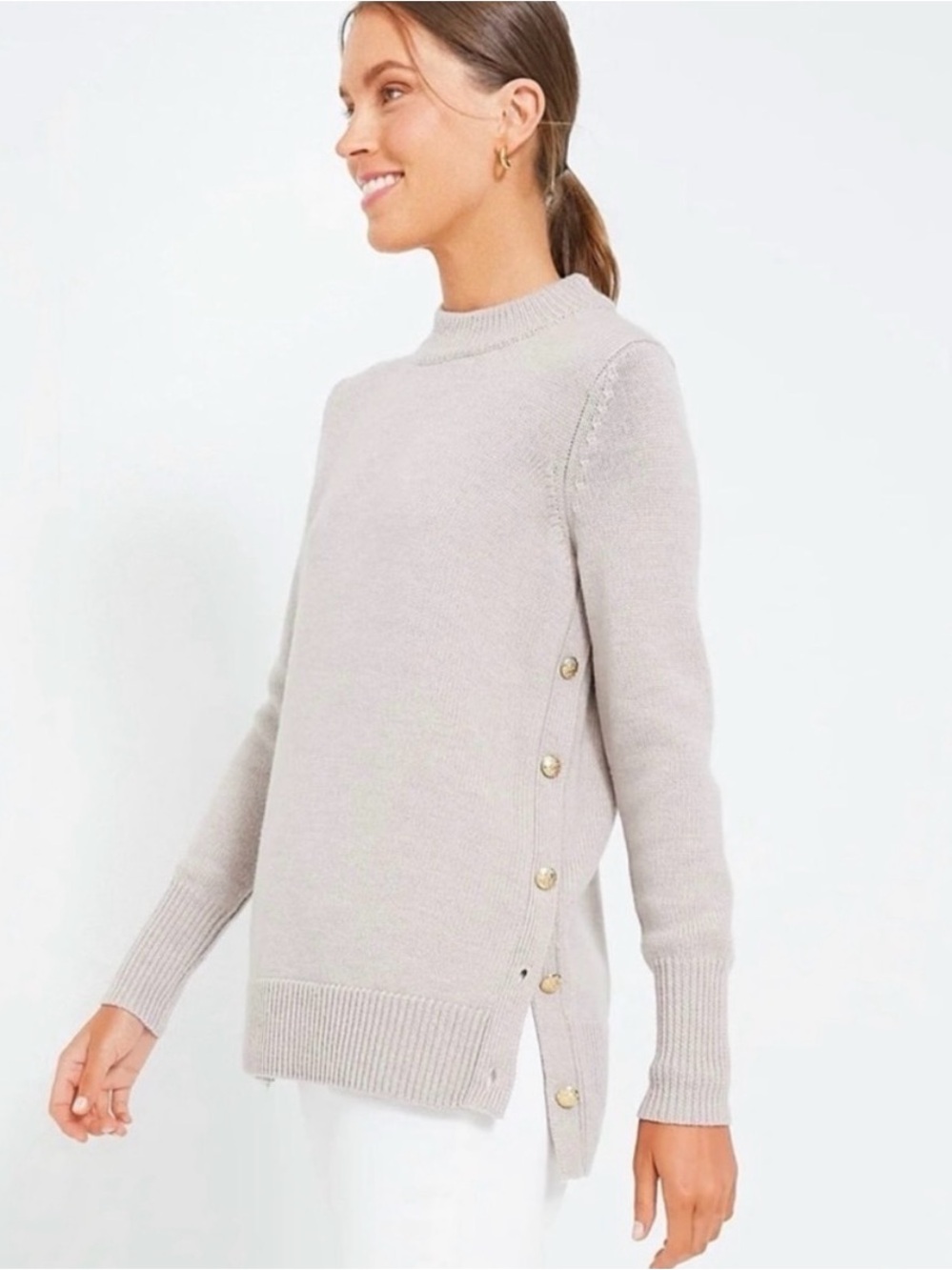 Tuckernuck Side-Button Mock Neck Sweater in Light Gray